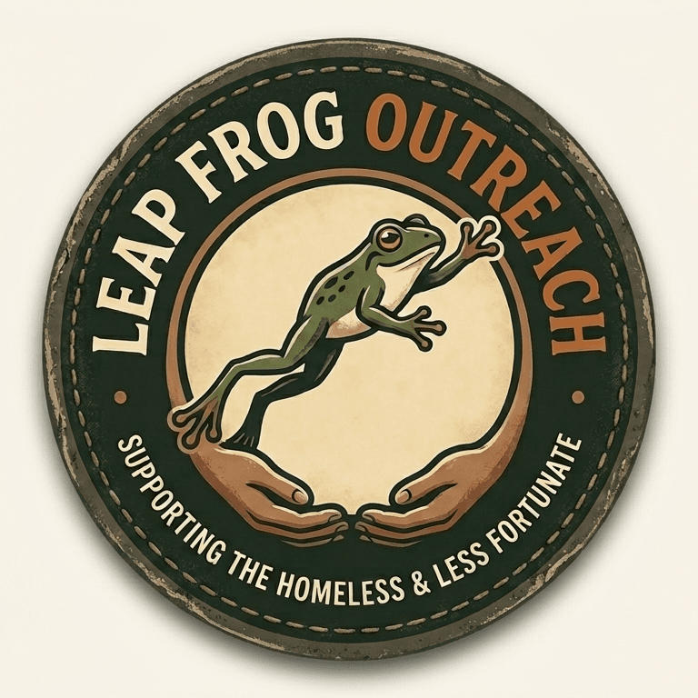 Leap Frog Outreach logo - a frog leaping above two open hands